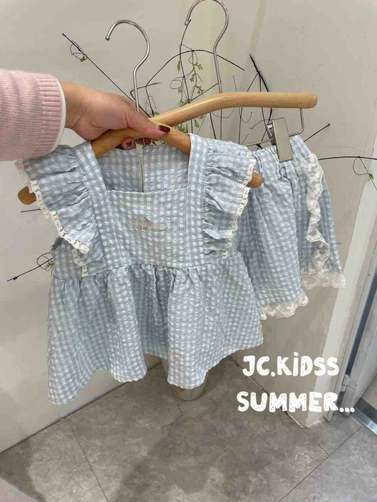 blue checked square-collar lace trim set