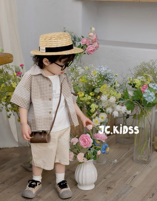brown checkered shirt three-piece set